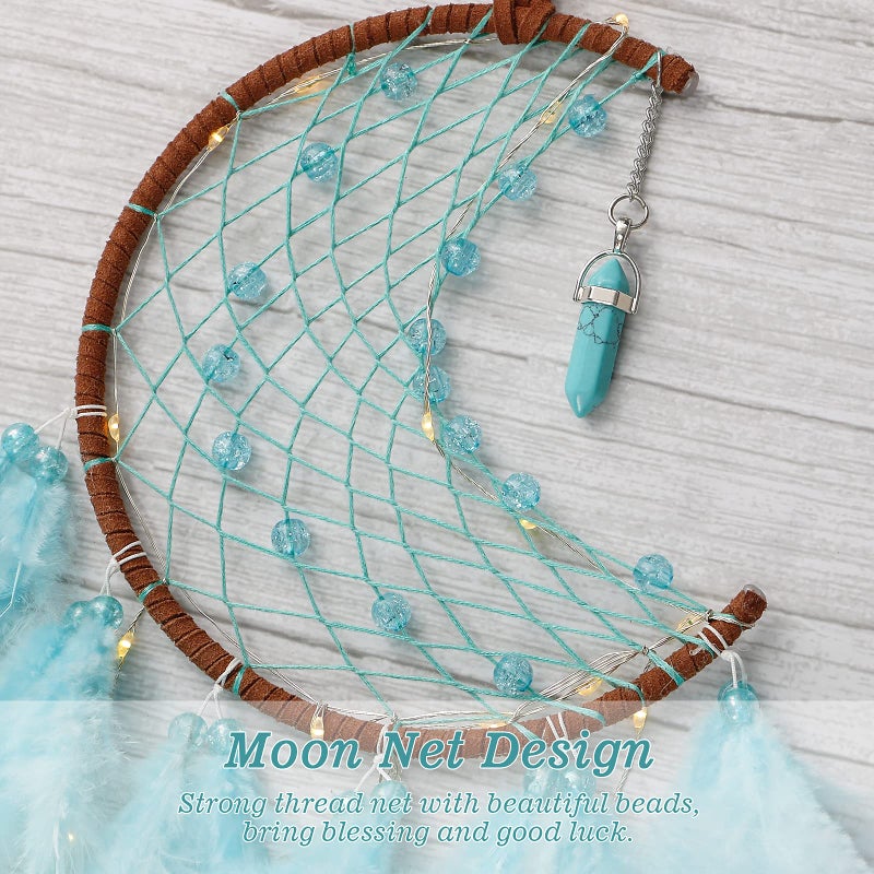 Dremisland Moon Dream Catcher with Fairy Lights-Handmade Feather Lucky Turquoise Pendant Beads Wall Hanging Ornament for kids Bedroom Home Decoration Art Craft Gift. (Sky Blue) - Image 3